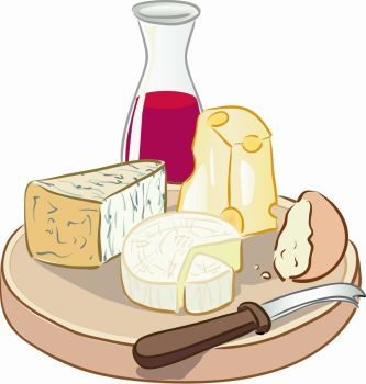 imagem do arquivo vetor para download Arte vetorial de queijos e uma garrafa de vinho 