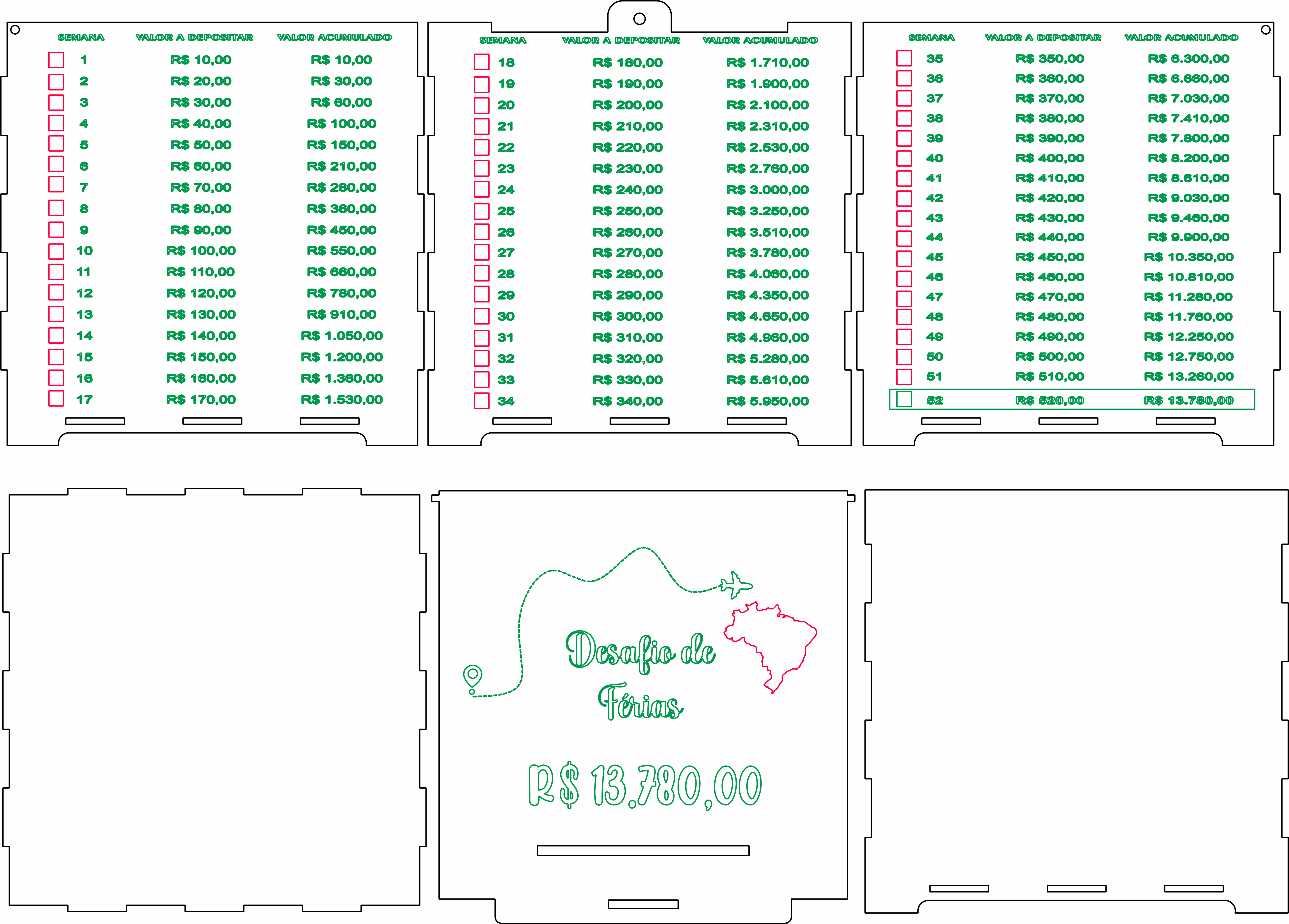 imagem do arquivo vetor para download Cofre Desafio de férias 52 depósitos, RS13.780