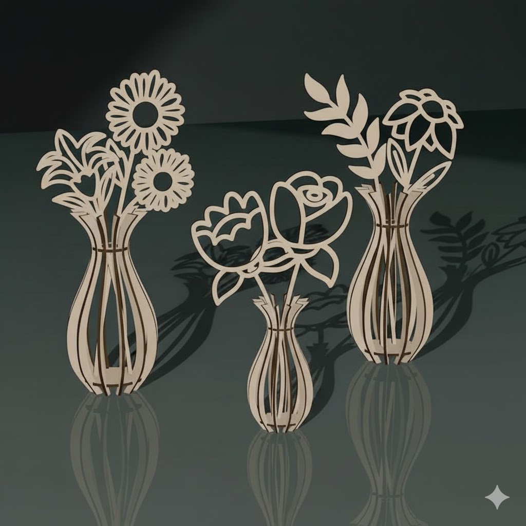 imagem do arquivo vetor para download Vaso de flores com flores de MDF 180x60mm