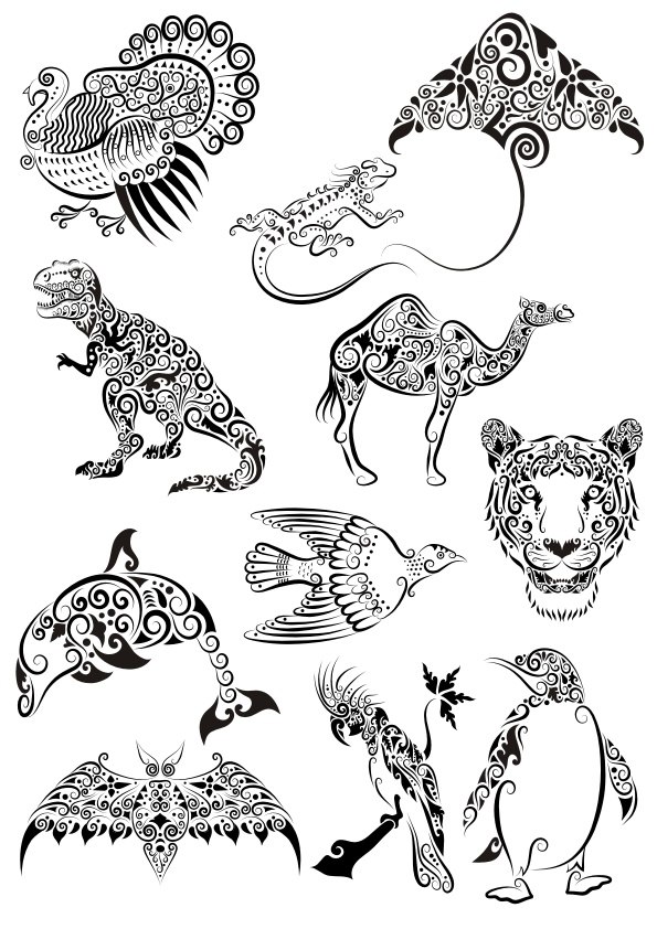 imagem do arquivo vetor para download Pacote de Tatuagens de Animais em Ornamentos 